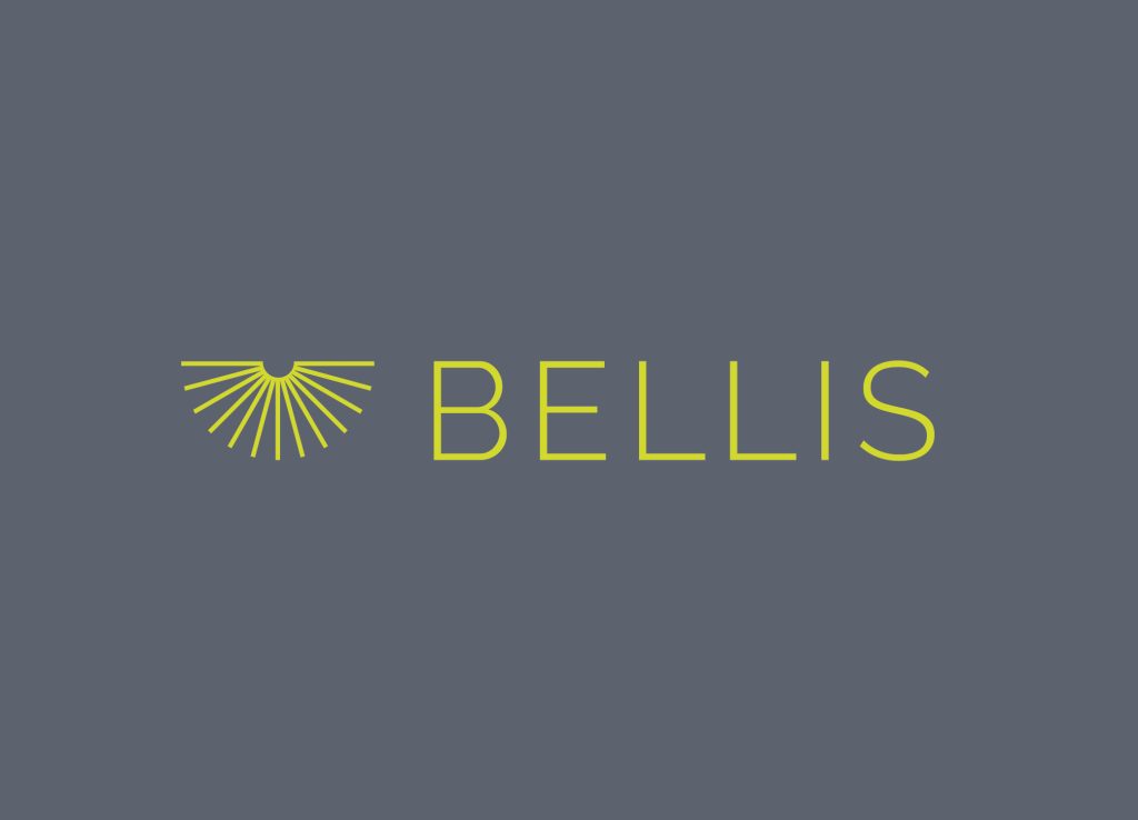 Logo von BELLIS mit halbem Strahlenkranz und Schriftzug in Gelbgrün auf grauem Hintergrund