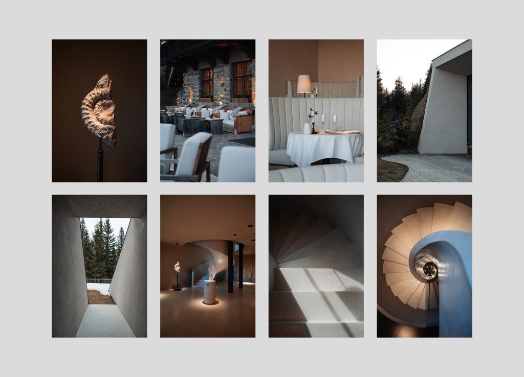 Acht Fotos mit Fossil, Terrasse, gedecktem Tisch, Wendeltreppen und Gebäude zwischen Tannen für BELLIS