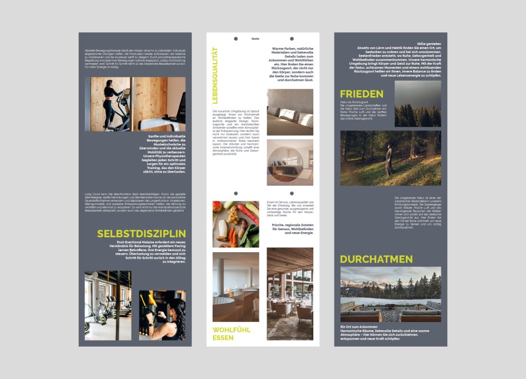 Drei Flyerseiten Selbstdisziplin, Lebensqualität und Frieden mit Fotos von Training, Zimmer, Gemüse und Wald für BELLIS