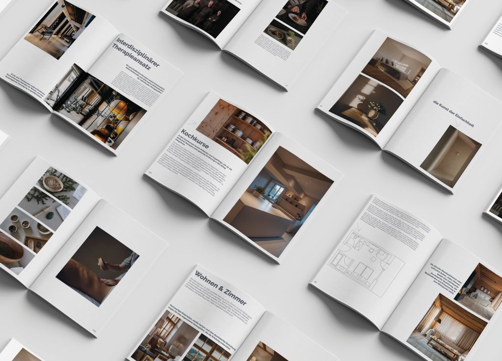 Magazinseiten Interdisziplinärer Therapieansatz, Kochkurse und Wohnen & Zimmer mit Fotos von Räumen und Speisen für BELLIS