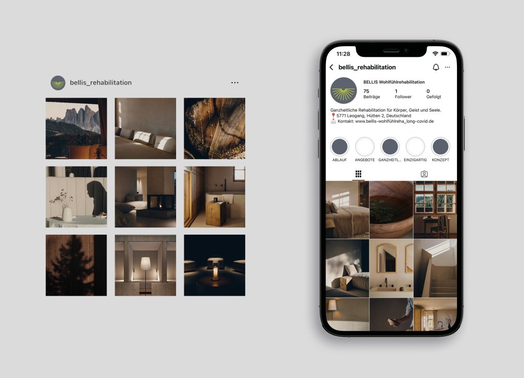 Instagram-Profil bellis_rehabilitation mit Logo, Bio und Raster aus Interieur- und Naturfotos für BELLIS