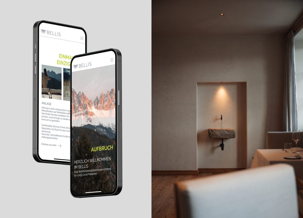 Website auf zwei Smartphones mit Aufbruch und Willkommen, daneben Foto eines Steinbeckens in Wandnische für BELLIS