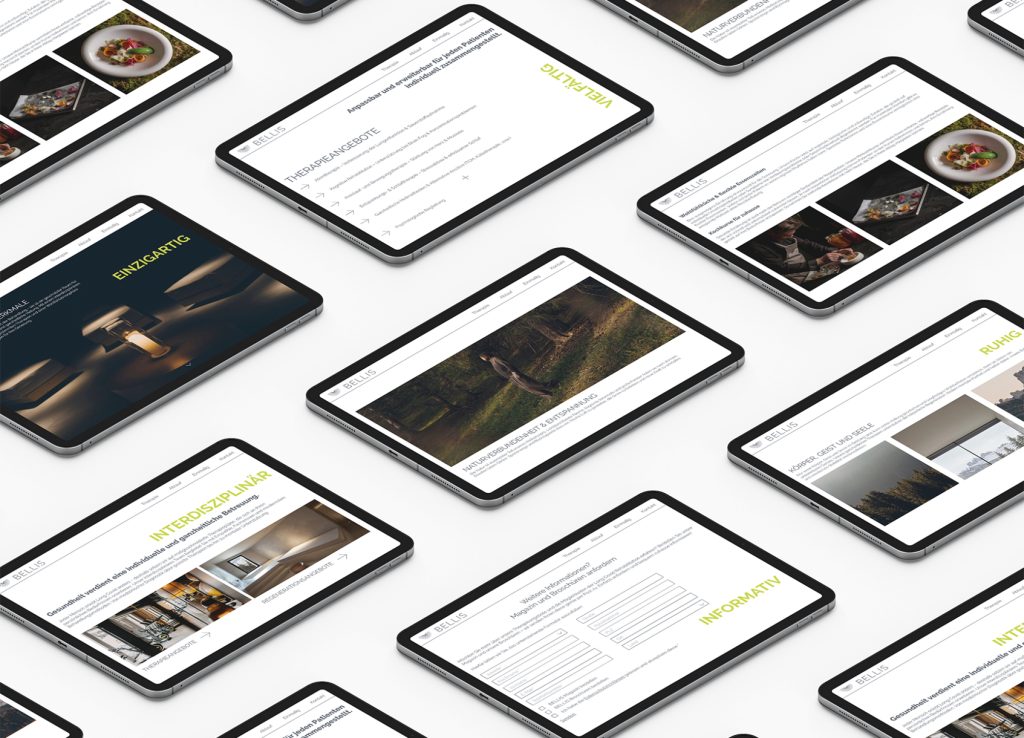 Webseite auf Tablets mit Seiten Vielfältig, Einzigartig, Interdisziplinär und Informativ als Webdesign für BELLIS