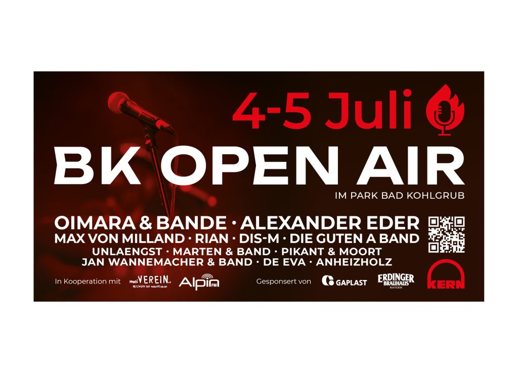 Banner BK Open Air 2025, 4. bis 5. Juli, Bad Kohlgrub, Line-up mit Oimara & Bande, Alexander Eder und zehn weiteren Acts