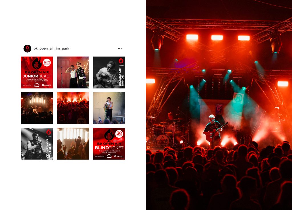 Instagram-Raster des BK Open Air mit Ticket-Aktionen und Künstlerfotos, daneben Bühne mit Band, rotes Licht, Publikum