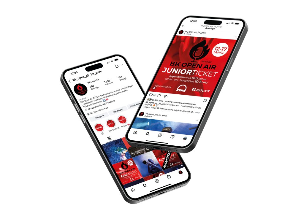 Instagram-Profil und Beitrag Juniorticket des BK Open Air im Park auf zwei Smartphones, Social-Media-Gestaltung
