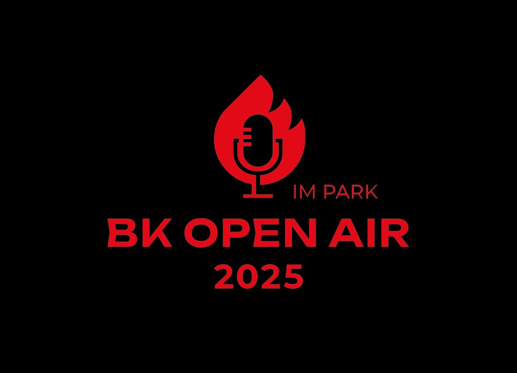 Logo BK Open Air im Park 2025 mit Mikrofon in einer Flamme, rot auf schwarzem Hintergrund