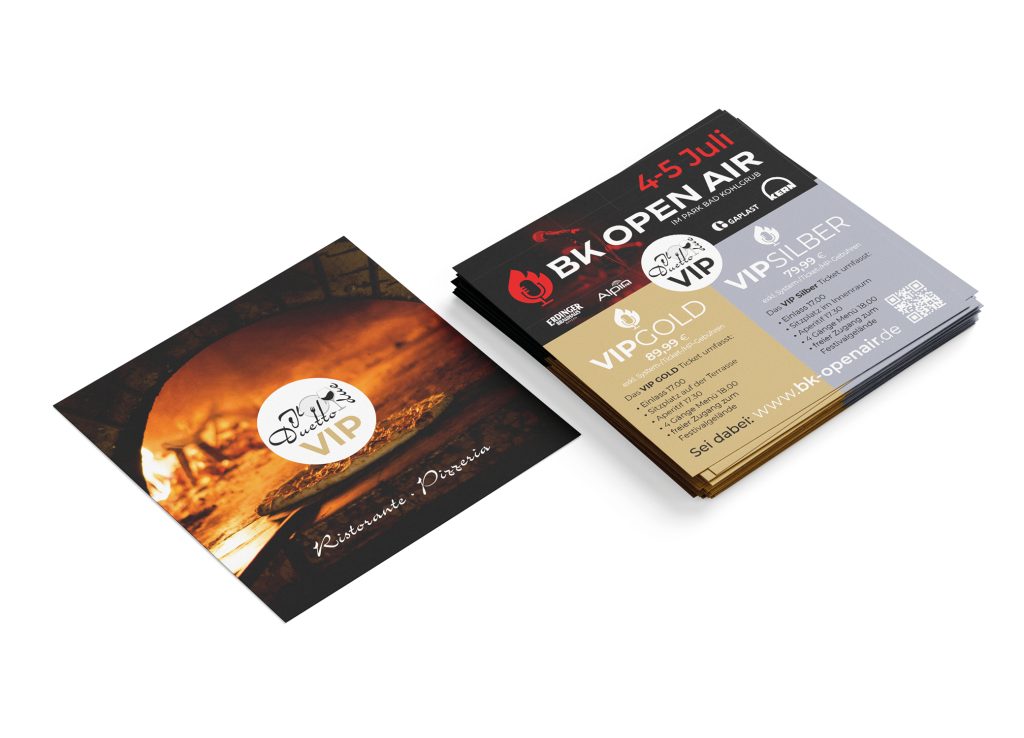 Flyer für die VIP-Pakete Gold und Silber zum BK Open Air 2025, Rückseite mit Pizza im Ofen, Il Duetto Ristorante