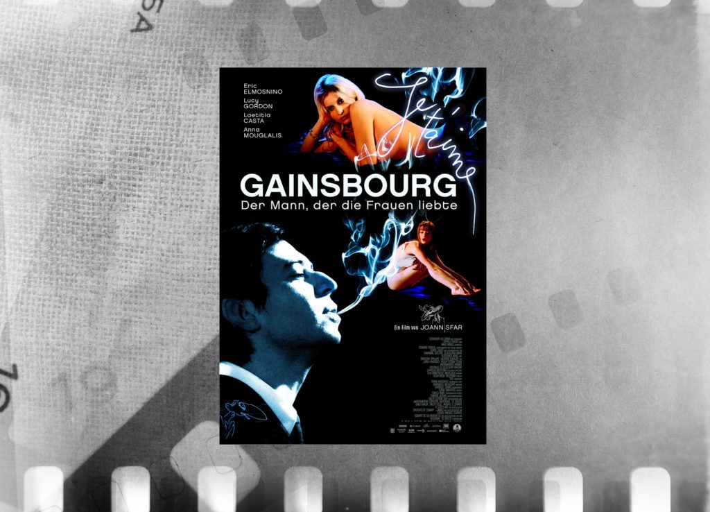Filmplakat Gainsbourg, Der Mann, der die Frauen liebte, mit rauchendem Mann vor Filmstreifen für Filmproduktionen Archiv