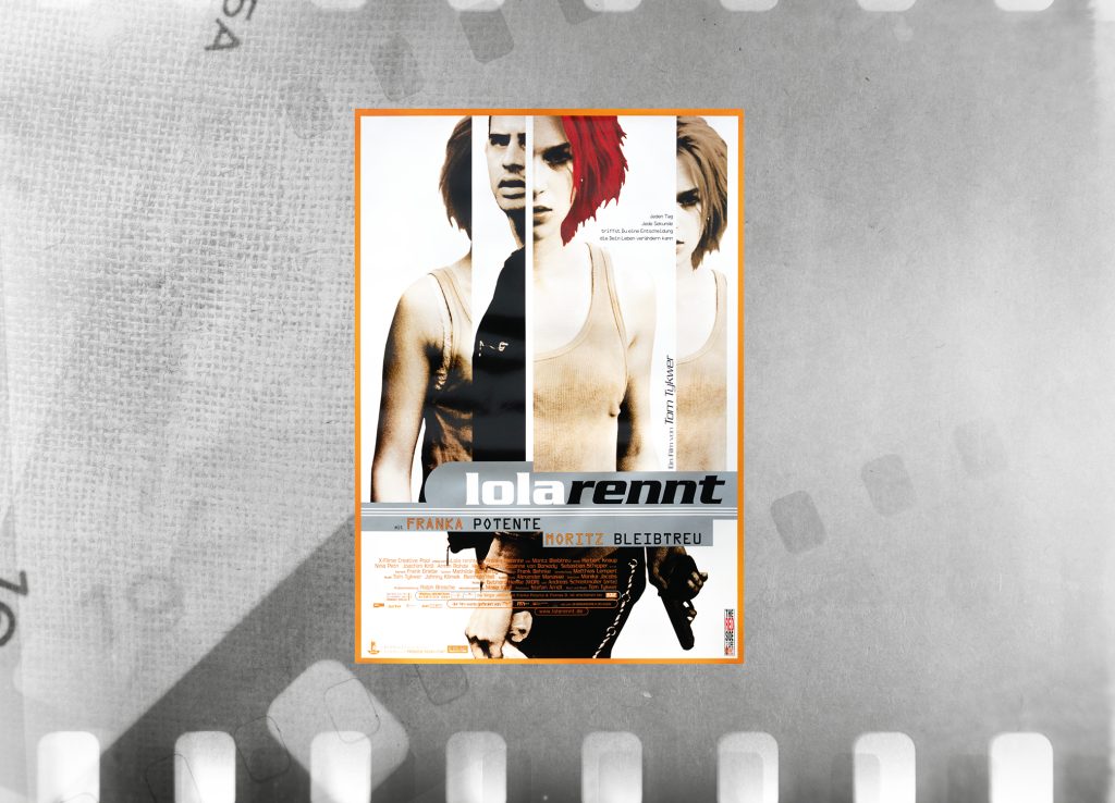 Filmplakat Lola rennt mit rothaariger Frau und zwei Männern vor einem Filmstreifen für Filmproduktionen Archiv