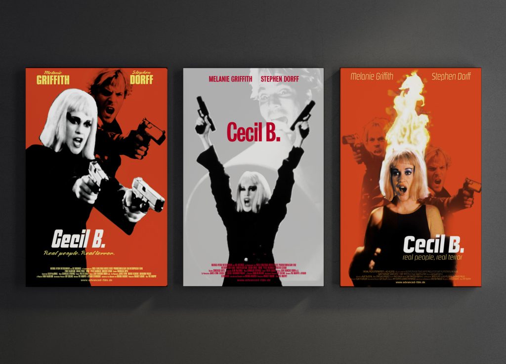 Drei Filmplakate Cecil B. mit Pistolen und Feuer, Titelzeile Real people, real terror, für Filmproduktionen Archiv