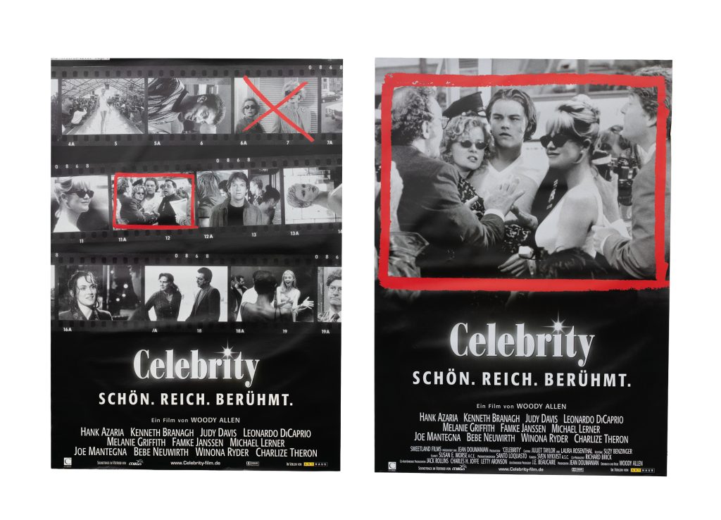 Zwei Filmplakate Celebrity, eines mit Kontaktbogen, eines mit rot gerahmtem Foto, für Filmproduktionen Archiv
