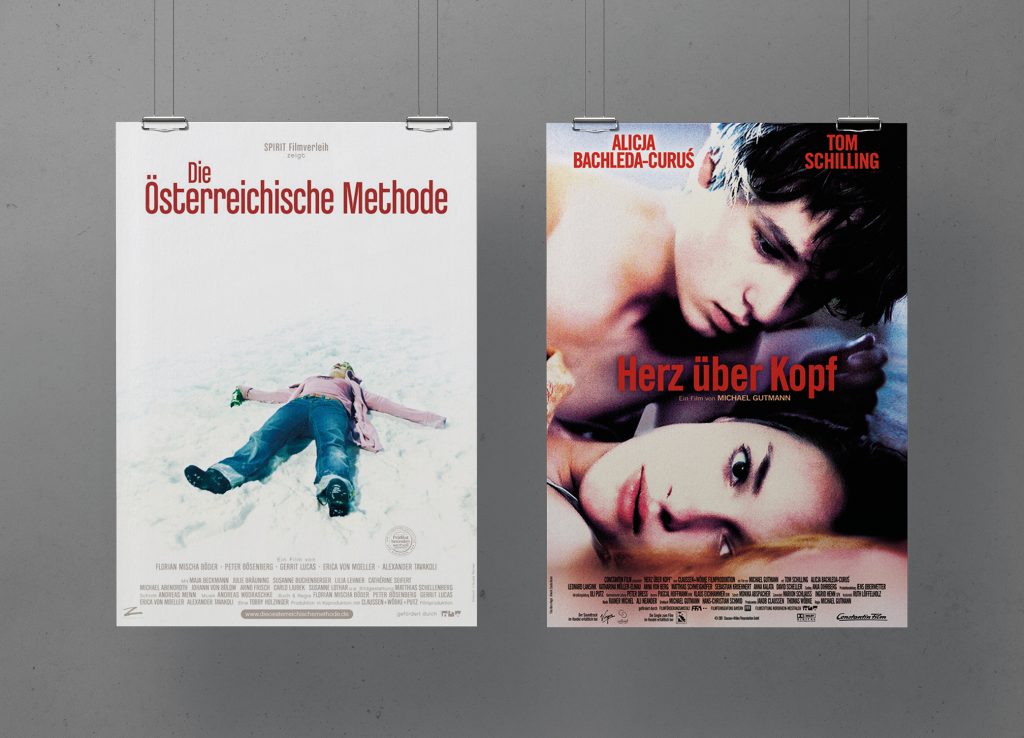 Filmplakate Die Österreichische Methode mit Frau im Schnee und Herz über Kopf mit Paar im Bett für Filmproduktionen Archiv