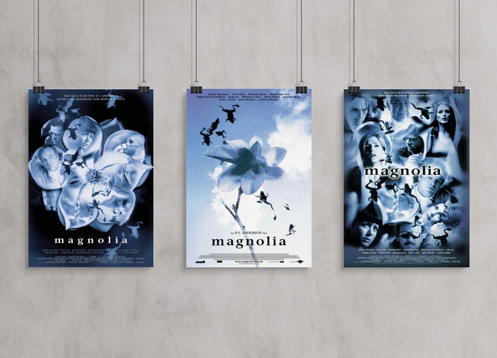 Drei Filmplakate Magnolia mit Blüte, Fröschen und Gesichtern in Blautönen für Filmproduktionen Archiv