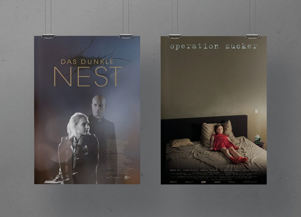 Filmplakate Das dunkle Nest mit Geistlichem und Frau sowie operation zucker mit Kind im Bett für Filmproduktionen Archiv
