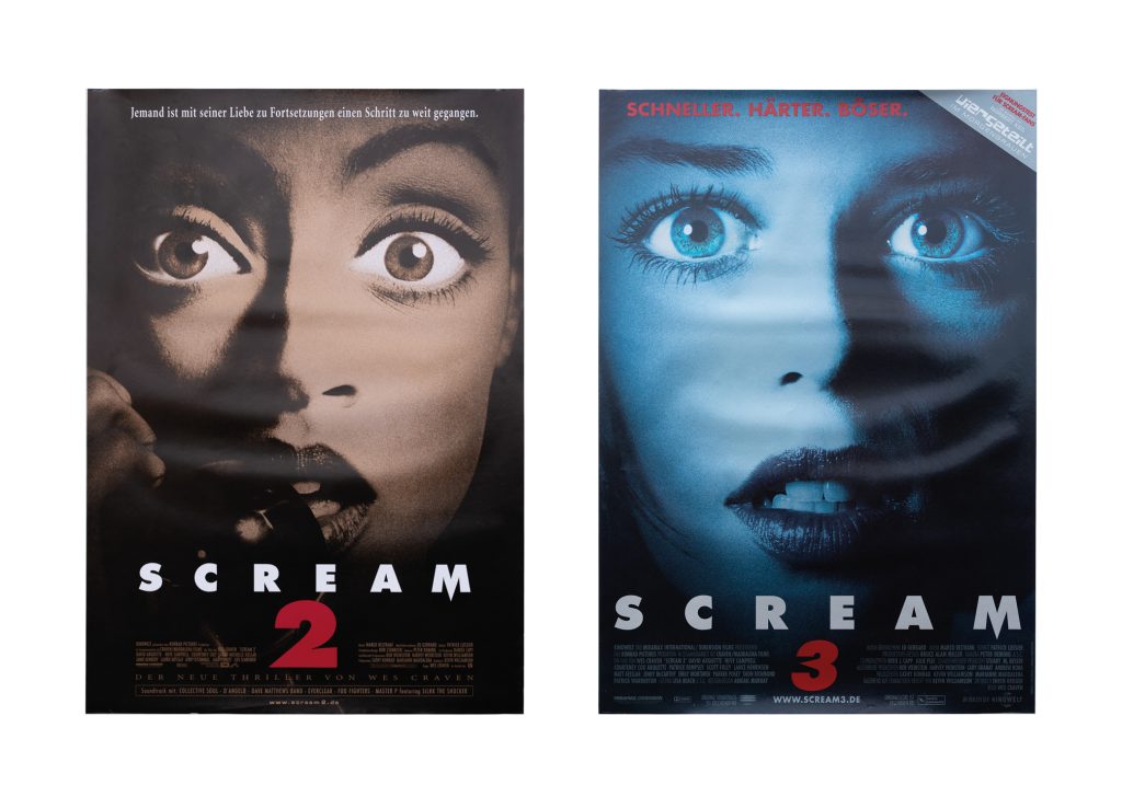 Filmplakate Scream 2 in Sepia und Scream 3 in Blau für Filmproduktionen Archiv, gestaltet von Artwerk Murnau