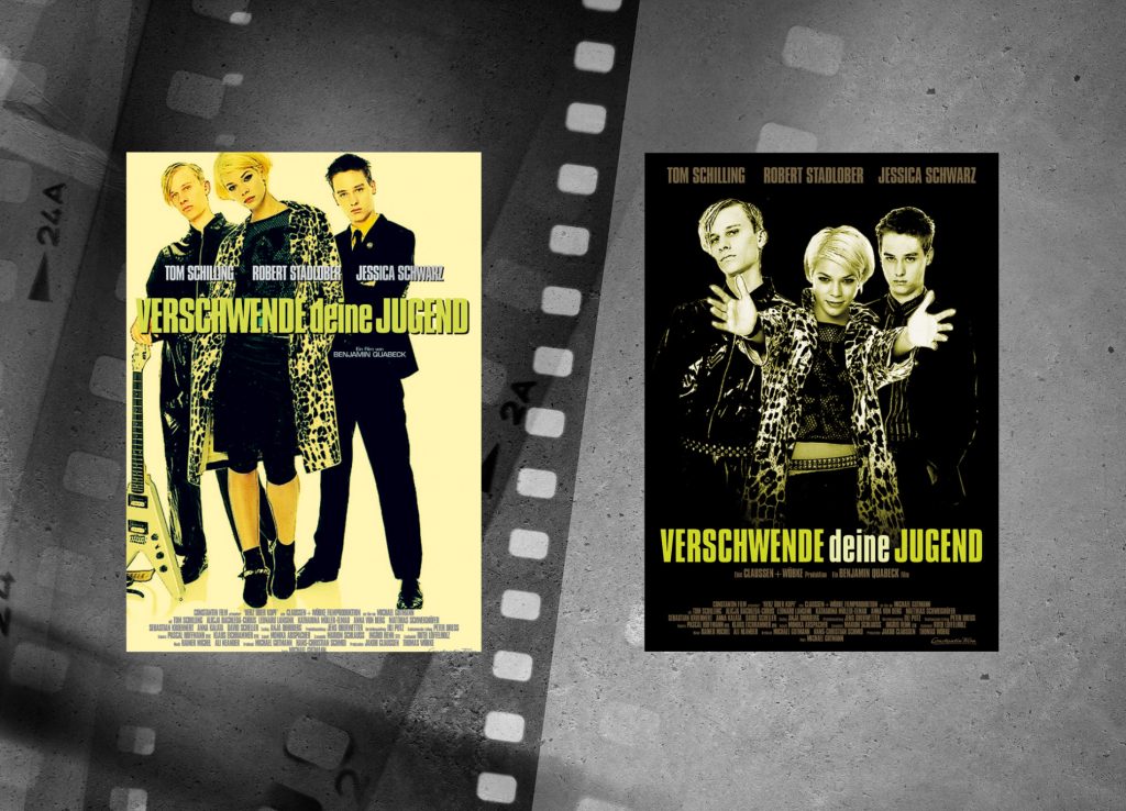 Zwei Filmplakate Verschwende deine Jugend, hell und dunkel, mit drei Jugendlichen für Filmproduktionen Archiv