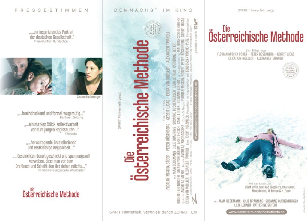 Dreiteiliger Flyer Die Österreichische Methode mit Pressestimmen und Frau im Schnee für Filmproduktionen Archiv