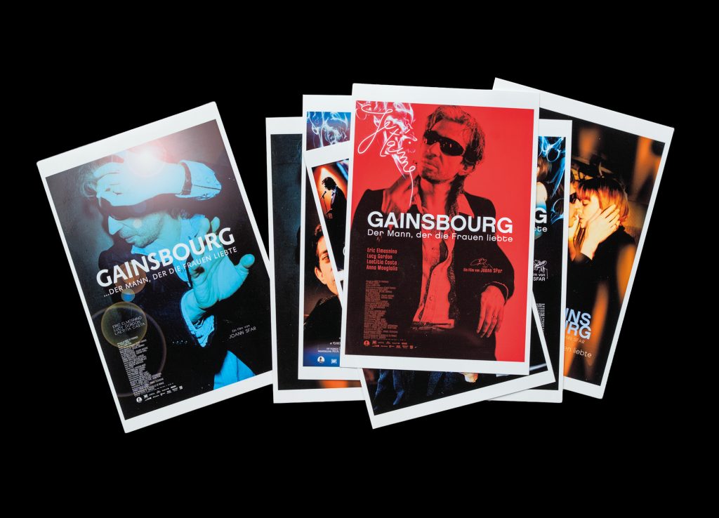 Postkarten zum Film Gainsbourg, Der Mann, der die Frauen liebte, als Fächer auf Schwarz für Filmproduktionen Archiv