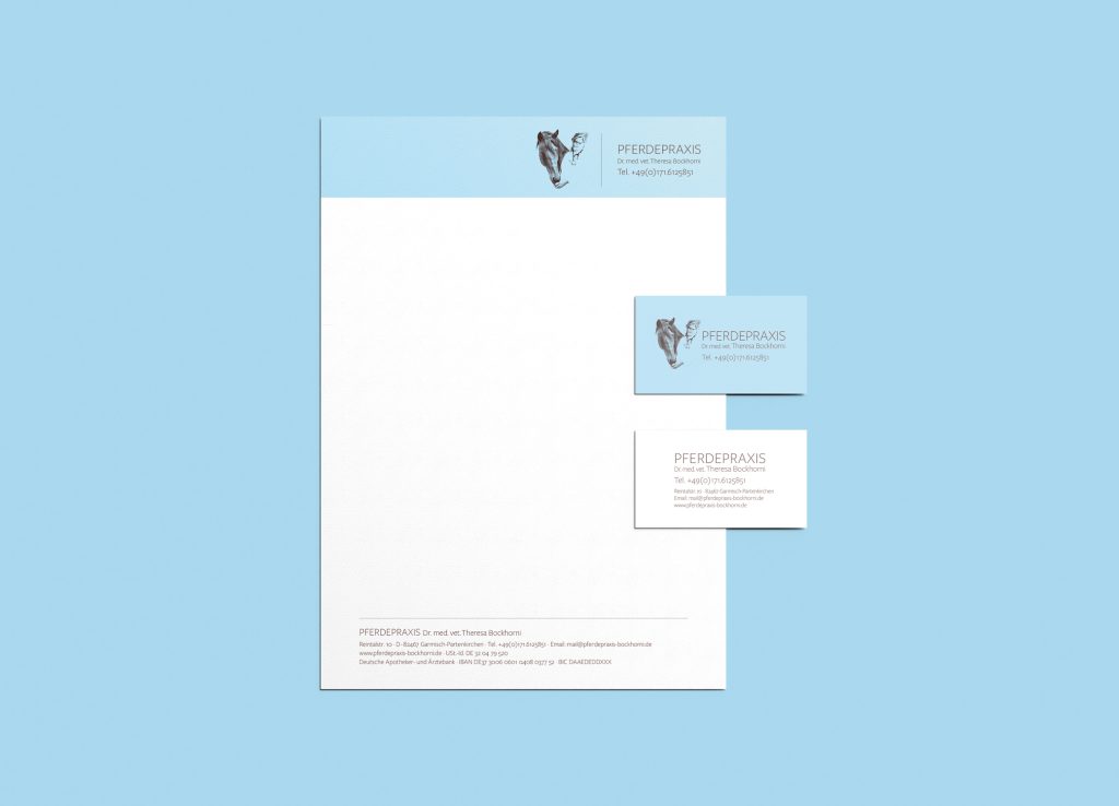 Briefpapier und zwei Visitenkarten in Hellblau mit Logo für Pferdepraxis Dr. med. vet. Theresa Bockhorni